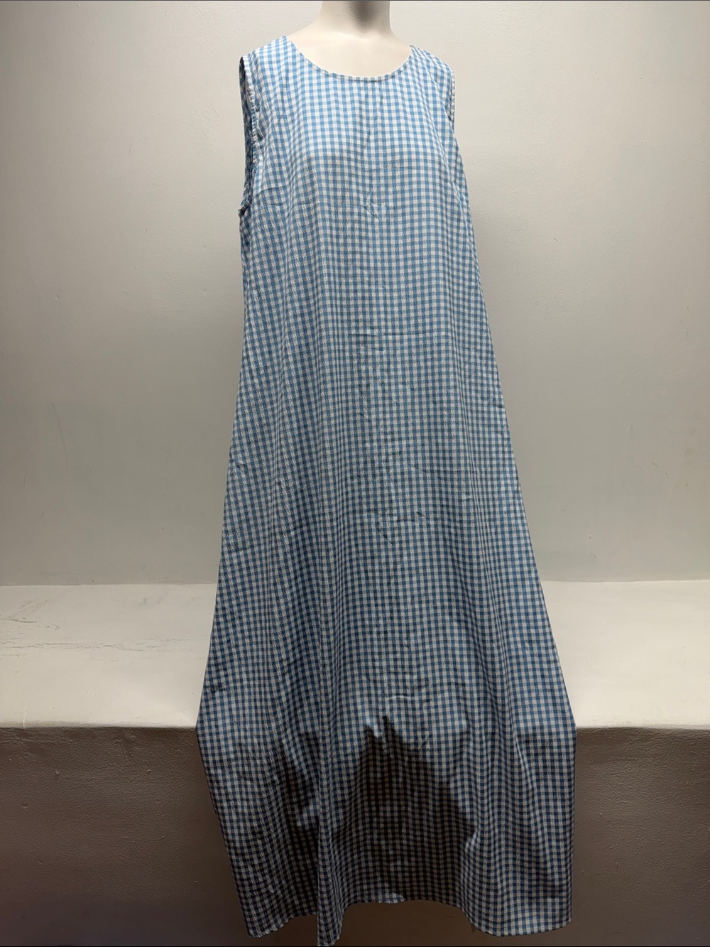 Halara Tank Dress Round Neck Sleeveless Midi Crinkle Gingham Plaid Blue NWT XL - Picture 2 of 13
